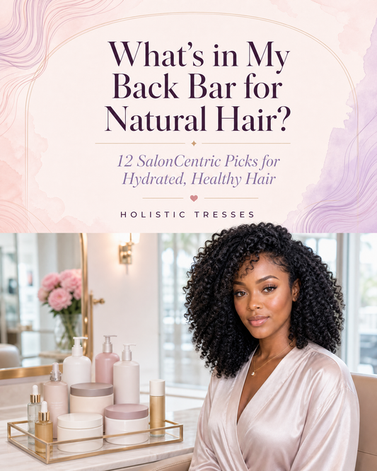 Holistic Tresses natural hair back bar with professional hair-care products and a client with defined natural curls