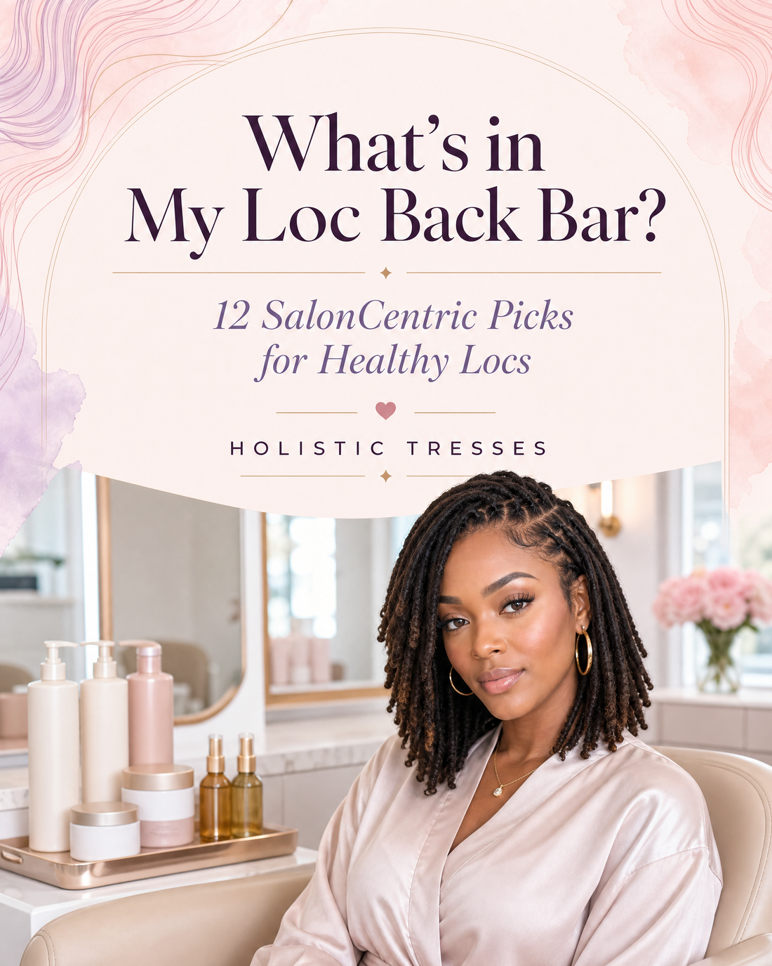 Holistic Tresses loc back bar with professional hair-care products and a client with healthy locs