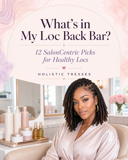 Holistic Tresses loc back bar with professional hair-care products and a client with healthy locs