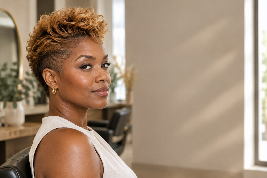 Woman with a short dimensional warm blonde hairstyle and darker roots after a smoothing treatment