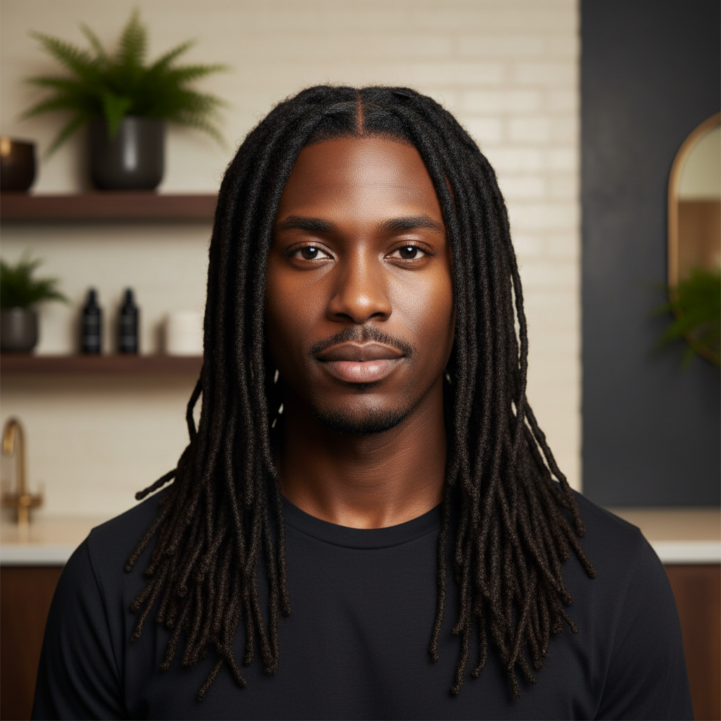 Generated service-preview image of a Black man with polished loc maintenance in an upscale spa setting