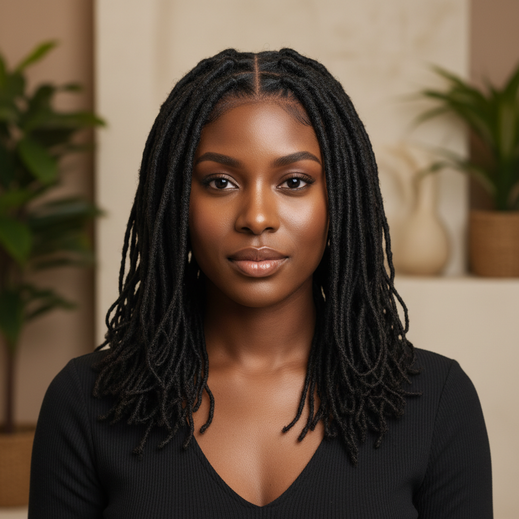 Generated service-preview image of a Black woman with freshly retwisted locs in a botanical spa setting