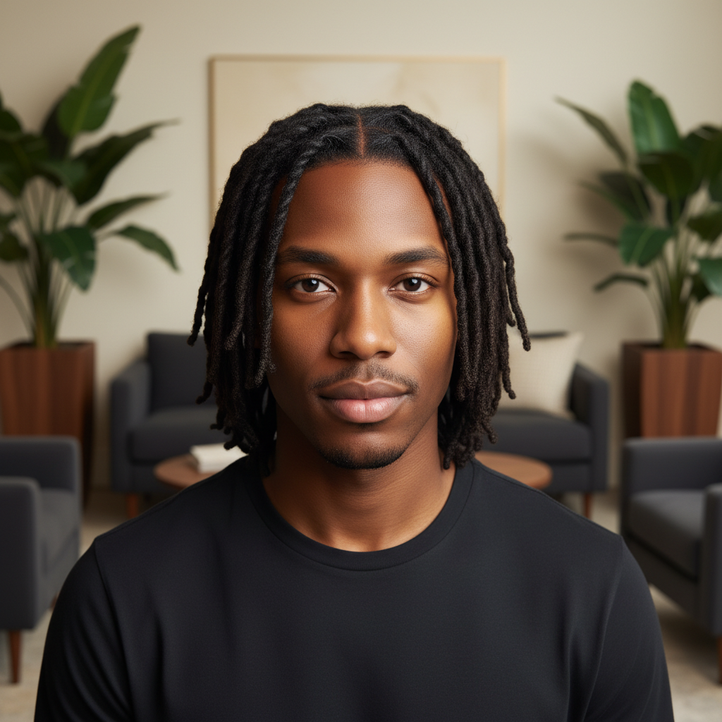 Generated service-preview image of a Black man with freshly retwisted locs in an upscale spa setting
