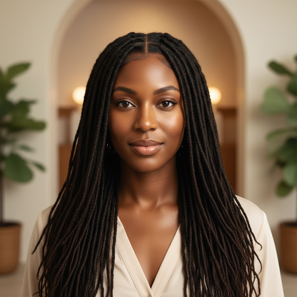 Generated service-preview image of a Black woman with polished loc maintenance in a botanical spa setting